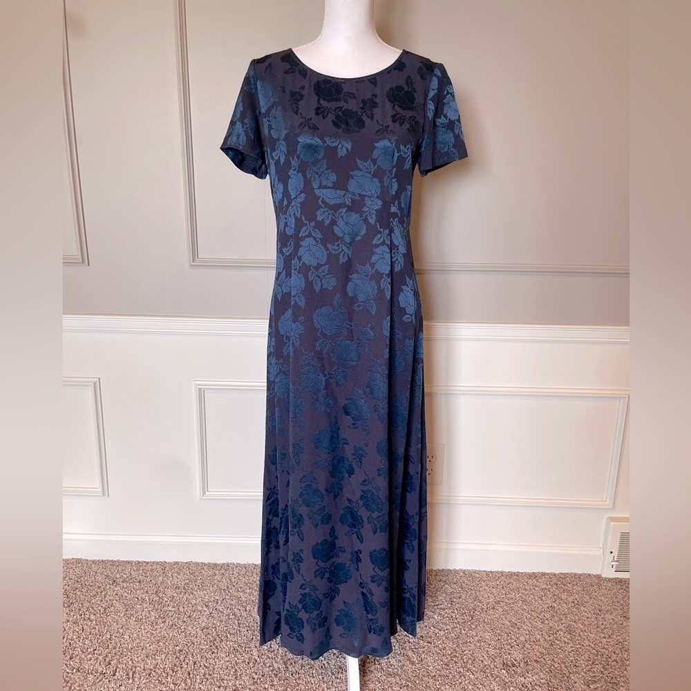 Vintage Laura Ashley long dress 8 jacquard acetate floral navy sheen tea 90s Y2K